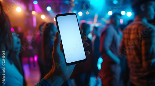 Hand holding an isolated smartphone device with blank empty white screen at a party in pub disco, travel business communication technology concept photo