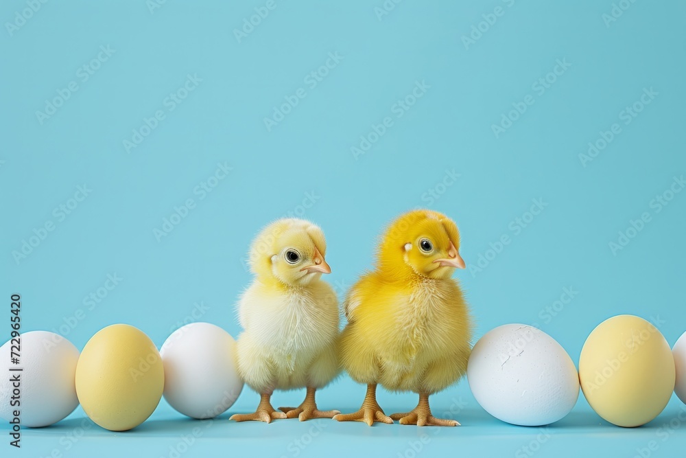 Chickens next to colored eggs on a blue background. Concept of organic eggs and poultry farm, raising chickens and celebrating Easter
