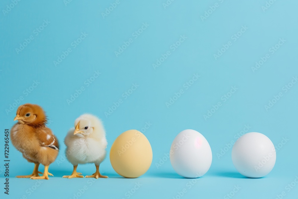 Two chickens and three eggs on a blue background. Concept of organic eggs and poultry farm, raising chickens and celebrating Easter
