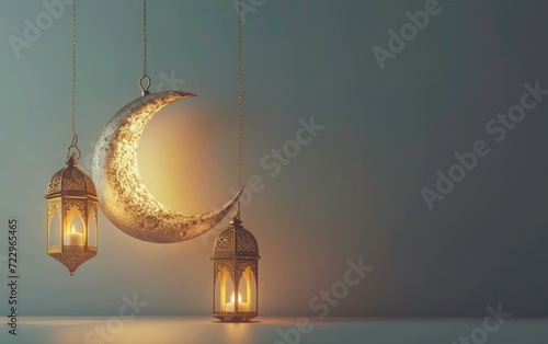 ramadan kareem banner background- Ramadan kareem islamic festival greeting card background, ramadan kareem lantern with 3d rendering moon background