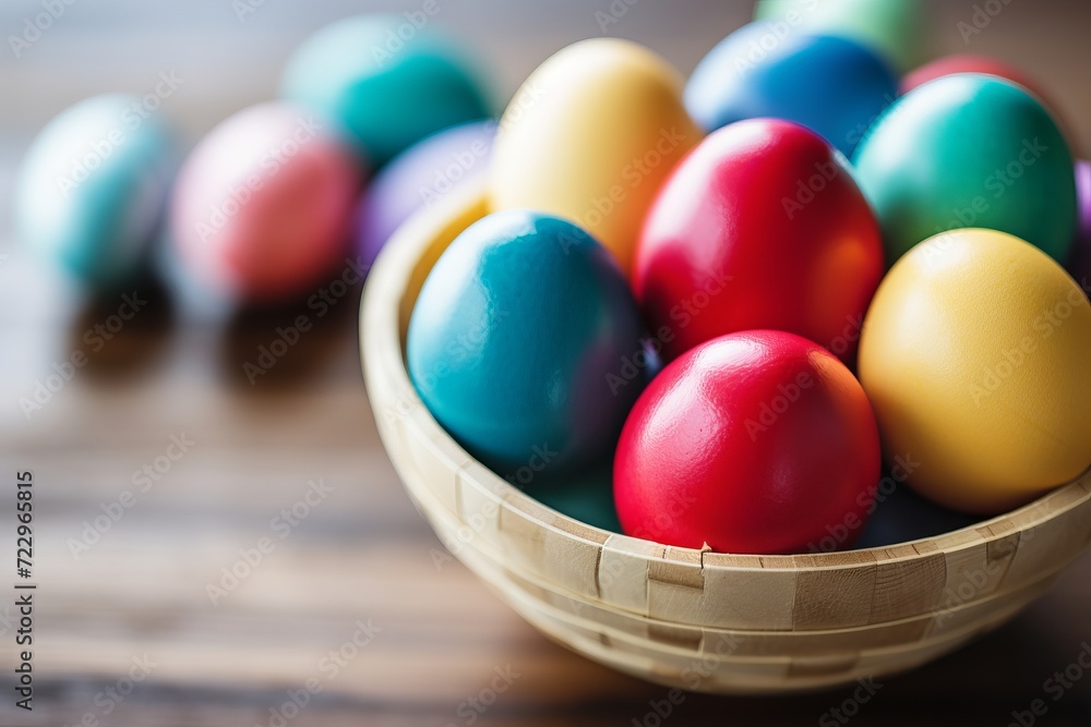 Easter colored eggs in a red wicker basket at red handkerchief on a table of wooden planks Easter colored eggs in a red wicker basket at red handkerchief on a table of wooden planks