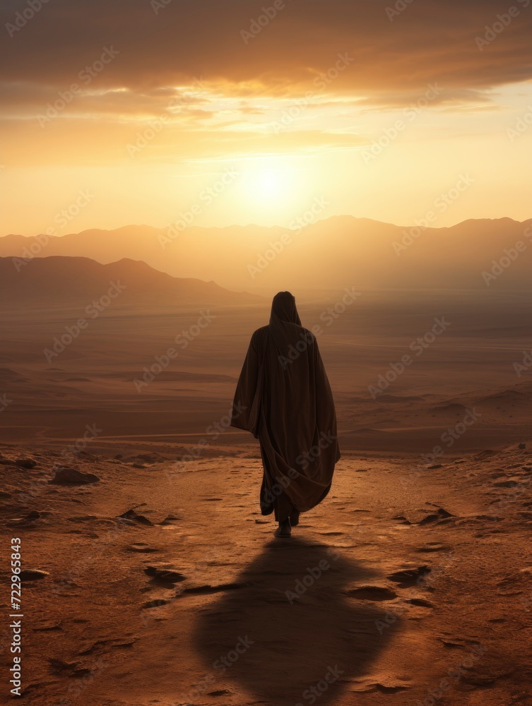a Muslim man wearing a robe walking on the vast desert seen from behind, Afternoon, Sunset Light - generative ai a Muslim man wearing a robe walking on the vast desert seen from behind, Afternoon, Sunset Light - generative ai