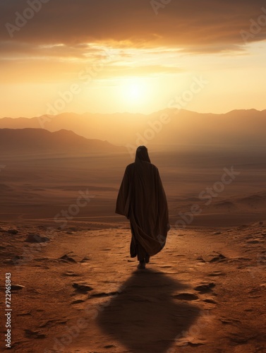 a Muslim man wearing a robe walking on the vast desert seen from behind, Afternoon, Sunset Light - generative ai © Nia™