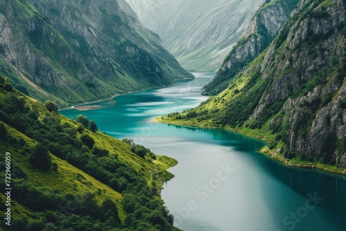 Beautiful landscape with a mountain river flowing among the green slopes of the mountains, travel and tourism concept © Tatiana