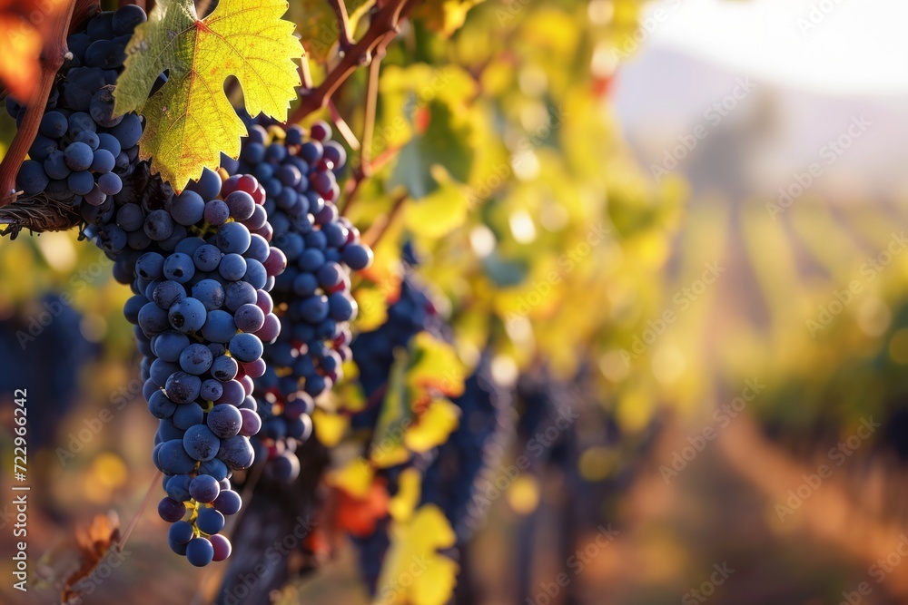 Bunches of blue grapes on a plantation The concept of development of viticulture and winemaking.
