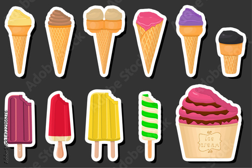 Illustration on theme big kit ice cream popsicle different types in cone waffle cup