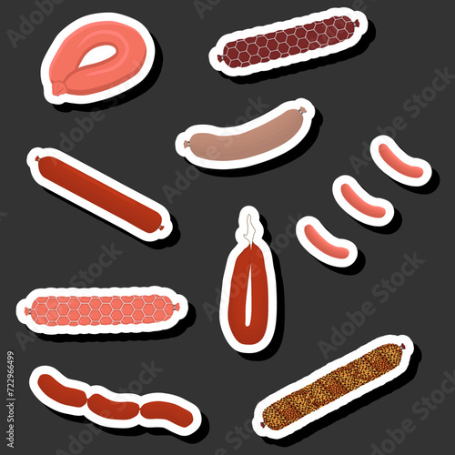 Illustration on theme big set different types delicatessen meat sausages