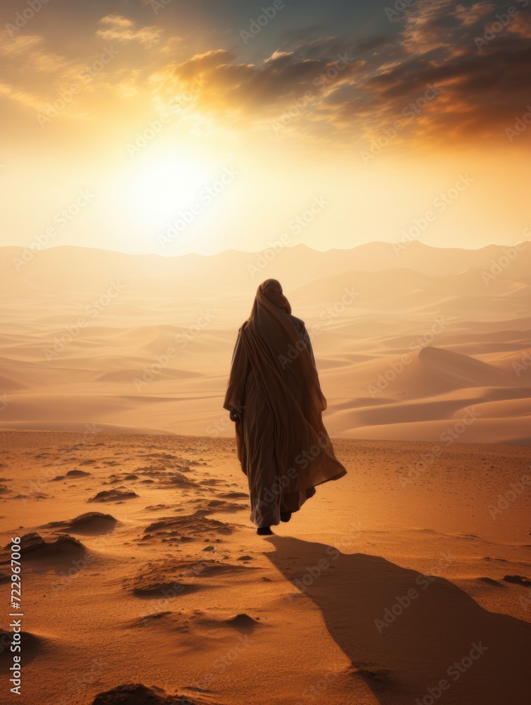 a Muslim man wearing a robe walking on the vast desert seen from behind, Afternoon, Sunset Light - generative ai a Muslim man wearing a robe walking on the vast desert seen from behind, Afternoon, Sunset Light - generative ai