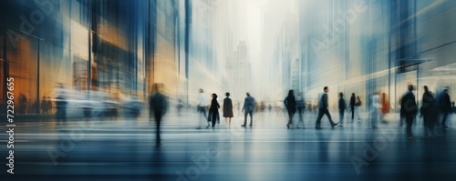 blurry blue image of people walking in office building