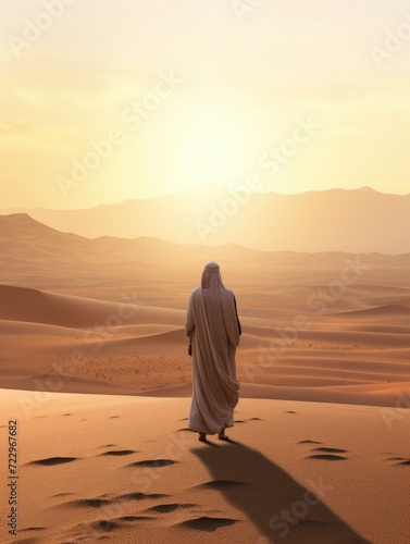 a Muslim man wearing a robe walking on the vast desert seen from behind  Afternoon  Sunset Light - generative ai