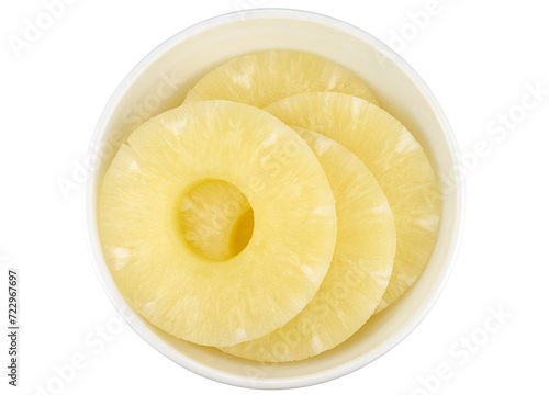 Bowl of Canned pineapple slices. Pineapple rings isolated on a transparent background. Top view.