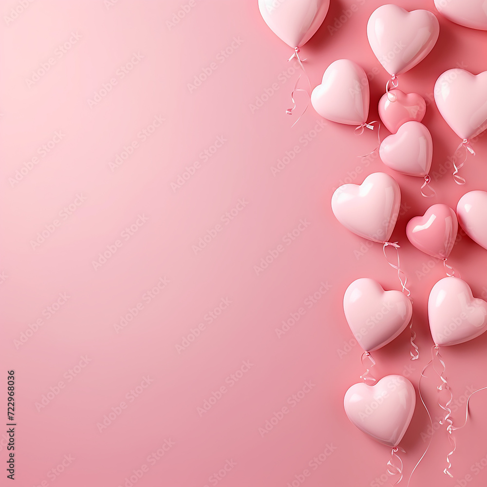 Valentine's Day banner with blank space for text top view light pink background hearts balloons and love background concept