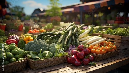 Colorful vegetables are put on a table in an outdoor market