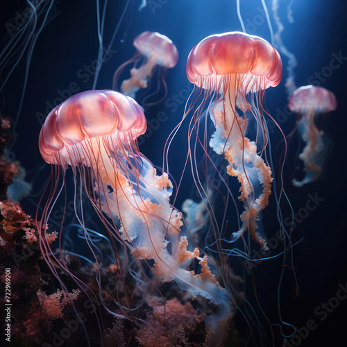 Glowing Underwater Wonder: A Vibrant Medley of Nature's Exotic Beauty, an Abstract Jellyfish Illuminates the Deep Blue Ocean