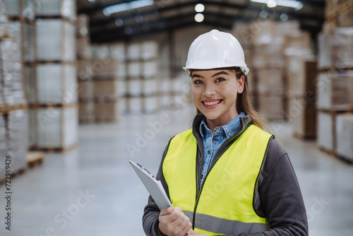 Female warehouse worker reading product order, order picking. Warehouse manager checking delivery, stock in warehouse, inspecting products for shipment.