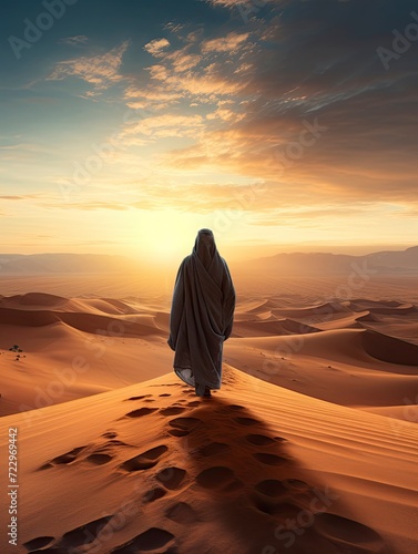 a Muslim man wearing a robe walking on the vast desert seen from behind, Afternoon, Sunset Light - generative ai photo