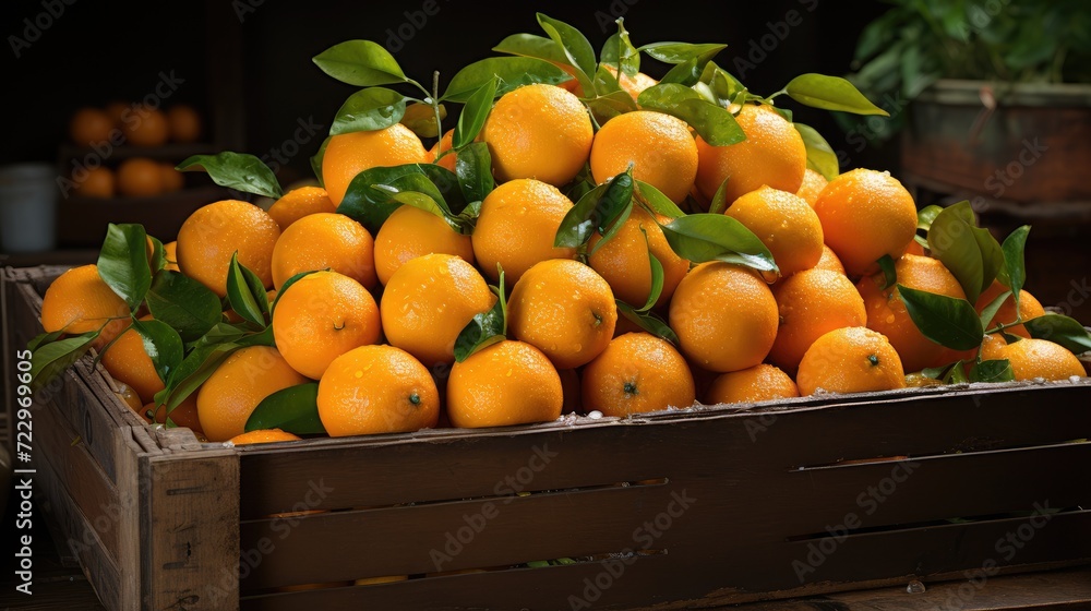 Juicy appetizing oranges lie in a wooden box. Ripe fruits. Tasty and healthy food and a successful harvest.