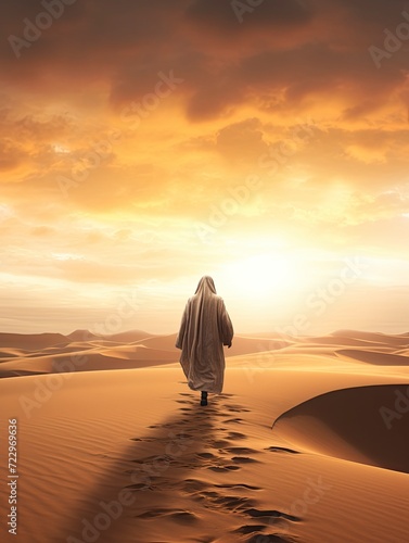 a Muslim man wearing a robe walking on the vast desert seen from behind, Afternoon, Sunset Light - generative ai