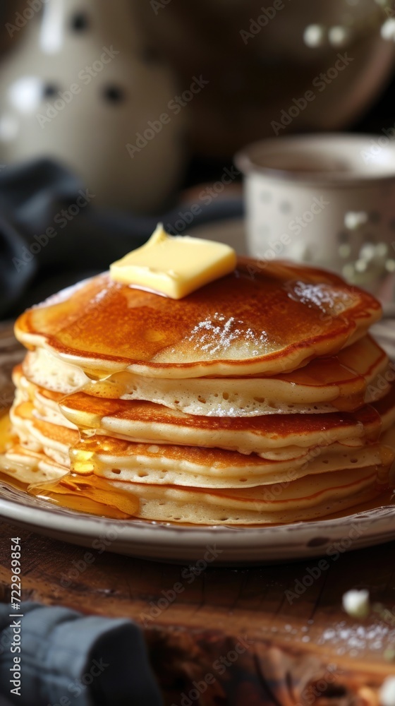 Plate is filled with pancakes with butter and honey