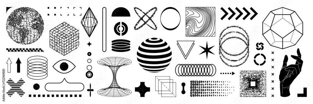 © gorozhinak - Set of graphic y2k aesthetic shape. Wireframe model, bitmap elements, bold modern geometric. Isolated vector illustration for sticker, poster, collage.