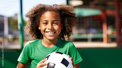 Teenager girl plays football. Football field and portrait with soccer ball. Teen Youth Soccer. Smiling girl holding soccer ball © EltaMax99