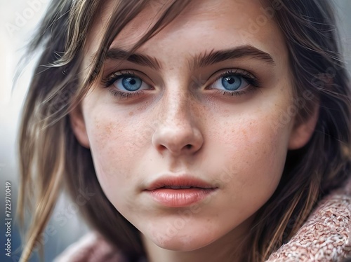 Cute White Girl with Freckles Looking at Camera Portrait