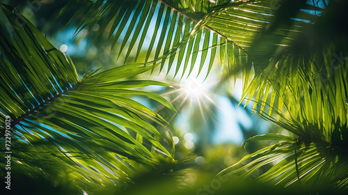 The warm sun beams through the lush green fronds of palm trees against a backdrop of blue sky 