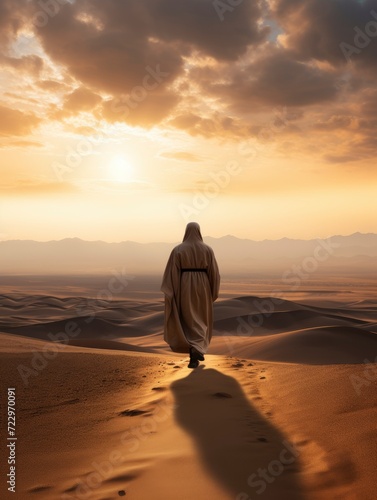 a Muslim man wearing a robe walking on the vast desert seen from behind, Afternoon, Sunset Light - generative ai © Nia™