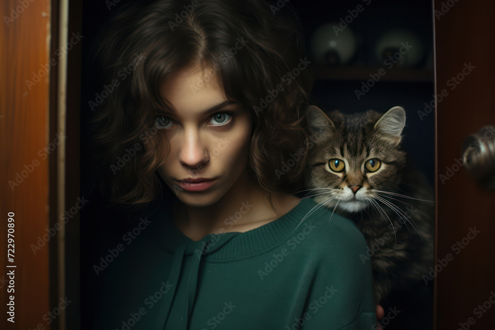 Beauty and Elegance: A Cute Domestic Kitten, an Attractive Young Woman, and their Purebred Cat in a Lovely Studio Portrait