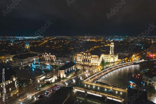Twilight Tapestry: A Mesmerizing Nighttime Aerial View of Oradea, Romania