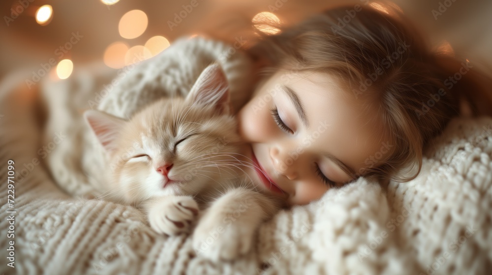 Happy kitten and a girl, gentle light, A white kitten, smiling, hugging each other with love, heart warming scene Happy kitten and a girl, gentle light, A white kitten, smiling, hugging each other with love, heart warming scene