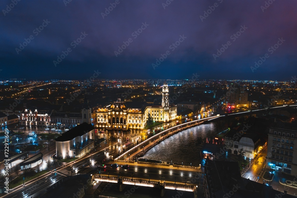 Glimmers of a Tranquil Night: Captivating Aerial View of Oradea, Bihor, Romania