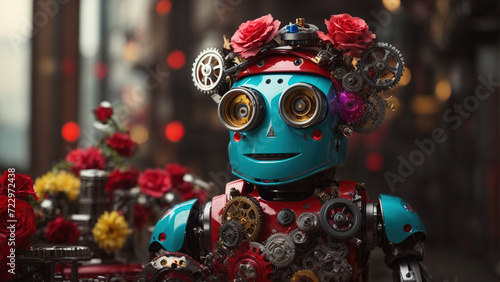 Cheerful robot with a smile on its face holding flowers for Valentine's Day.