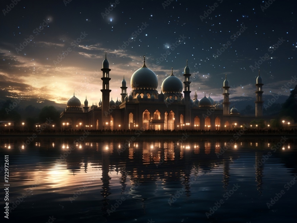 Beautiful mosque lit up at night with a starry sky