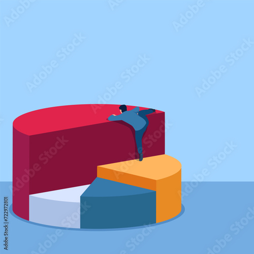 man tries to climb the biggest pie chart, a metaphor for market share. Simple flat conceptual illustration.