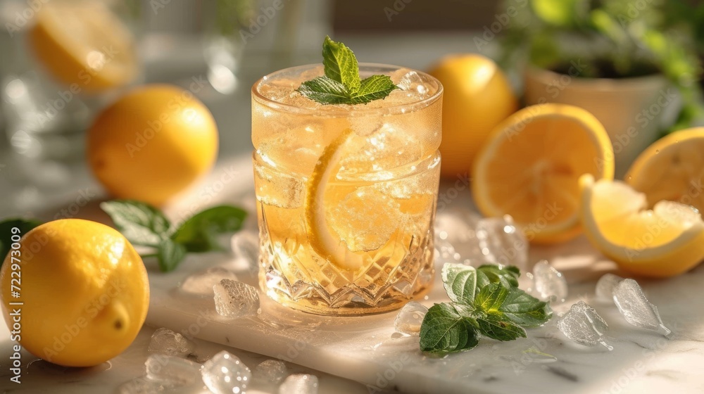 Fototapeta premium glass of lemonade with icecubes well decorated product photo