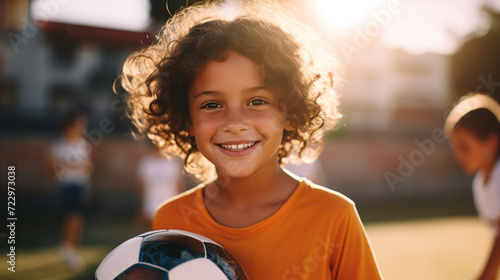 Little girl plays football. Football field and portrait with soccer ball. Teen Youth Soccer. Smiling girl holding soccer ball