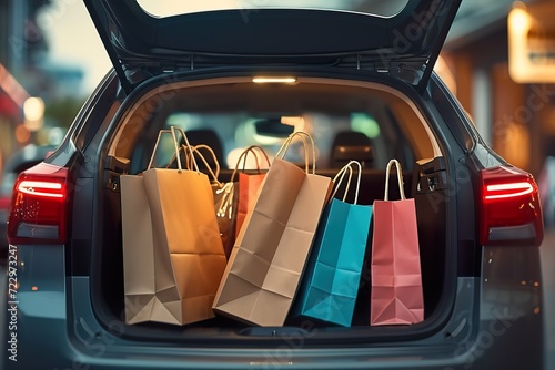 Retail Therapy on the Go: Loaded Shopping Bags in Car Trunk at Mall Parking Lot photo