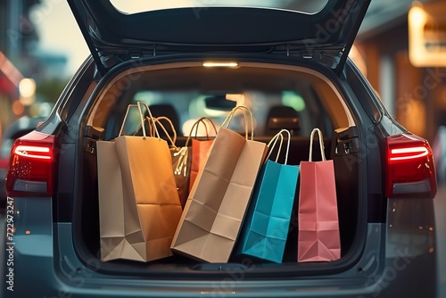 Retail Therapy on the Go: Loaded Shopping Bags in Car Trunk at Mall Parking Lot