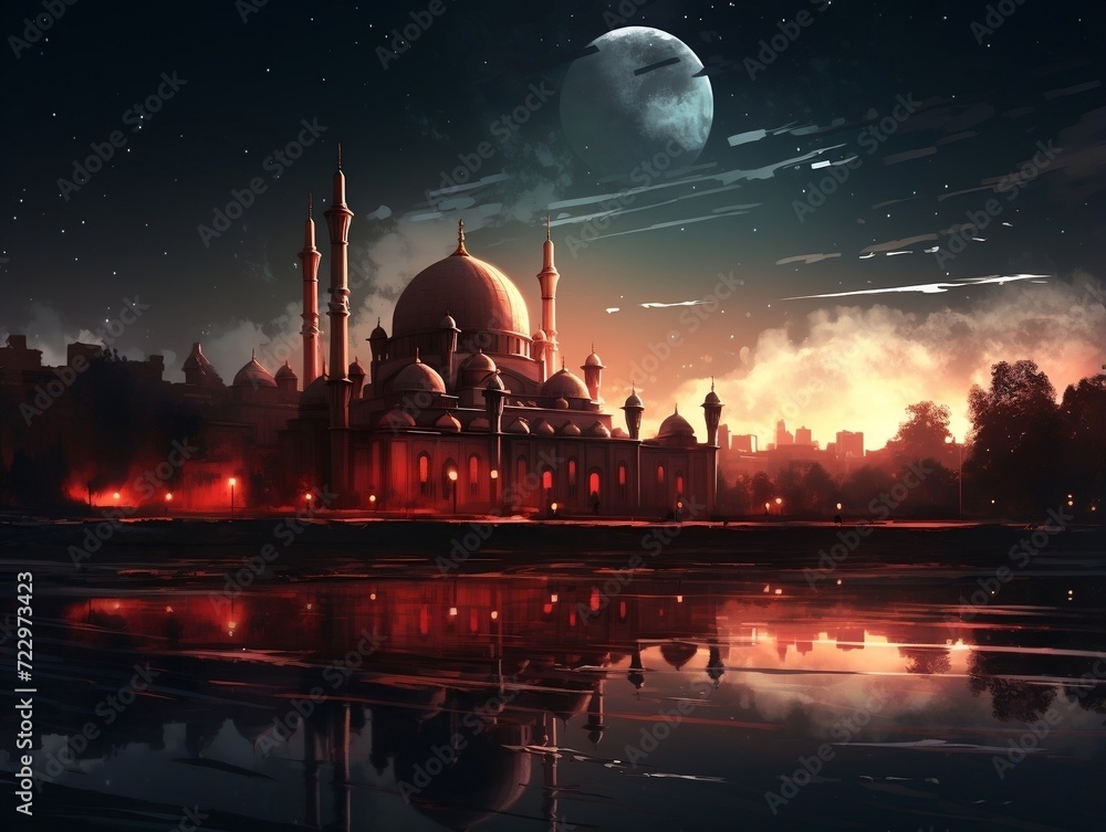 Beautiful mosque lit up at night with a starry sky Stock Illustration ...