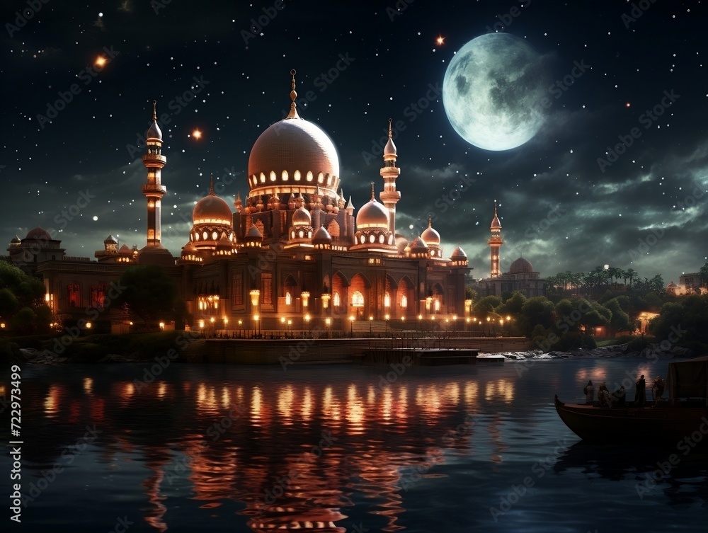 Beautiful mosque lit up at night with a starry sky