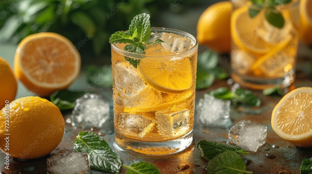 glass of lemonade with icecubes well decorated product photo glass of lemonade with icecubes well decorated product photo