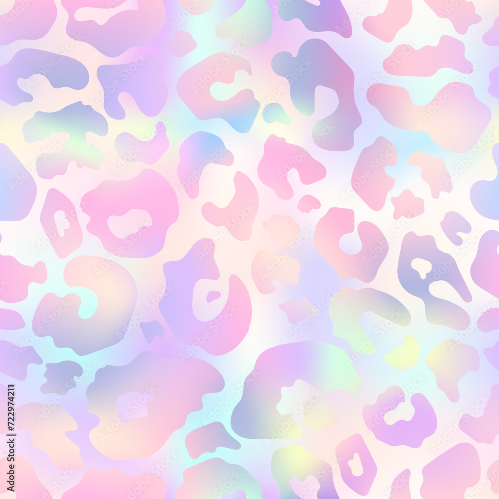 Trendy holographic Leopard seamless pattern. Vector pastel rainbow wild animal cheetah skin, gradient leo texture, neon spots on iridescent pink background for fashion print design, wrapping, decor.