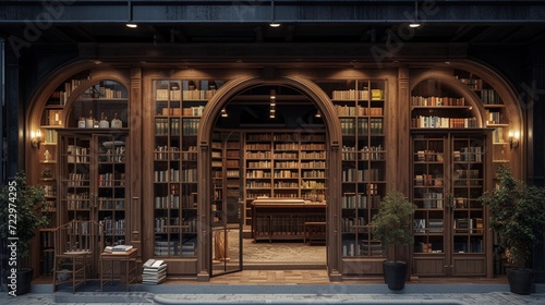  a bookshop entrance that mirrors the simplicity of a good read, with a sleek and uncluttered design
