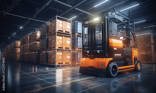 Forklift doing storage in warehouse by artificial intelligence automation. Robotics applied to industrial logistics. Generative Ai