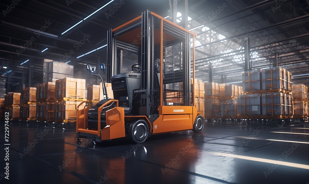 Forklift doing storage in warehouse by artificial intelligence automation. Robotics applied to industrial logistics. Generative Ai