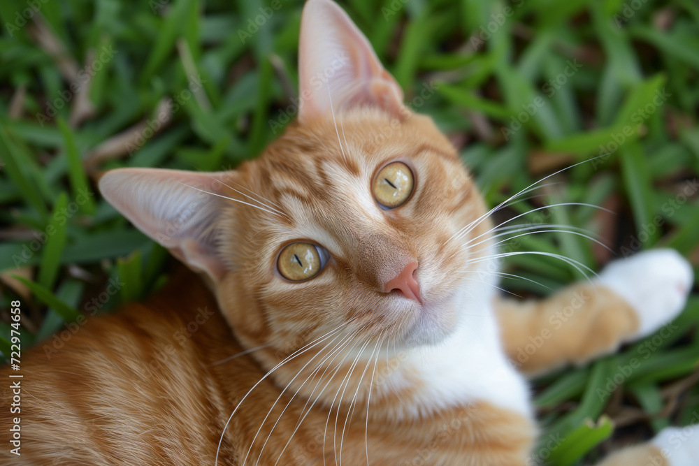 A cat with orange and white fur, lying on green grass and looking directly at the camera