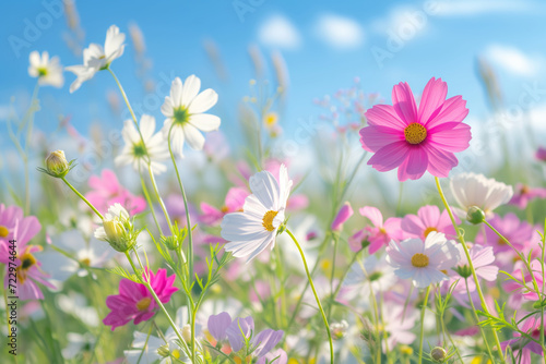 A vibrant field of white and pink flowers under a clear blue sky with fluffy clouds