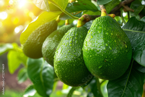 A ripe, dark green avocados, covered in dew drops, hanging from a vibrant and healthy-looking tree in a lush environment