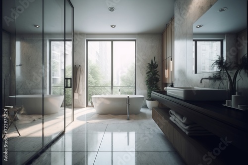 Minimalist interior of bathroom in modern house.